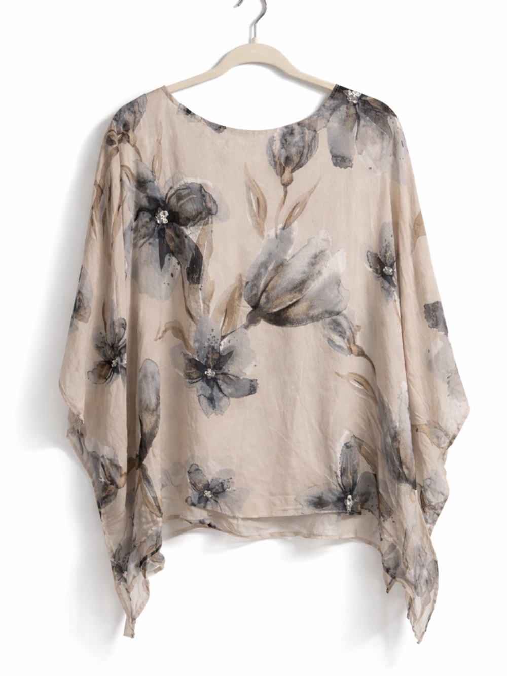 Oddi Soft Off-White Floral Tunic with Gray/Blue Watercolor Blooms-Boho Vibes